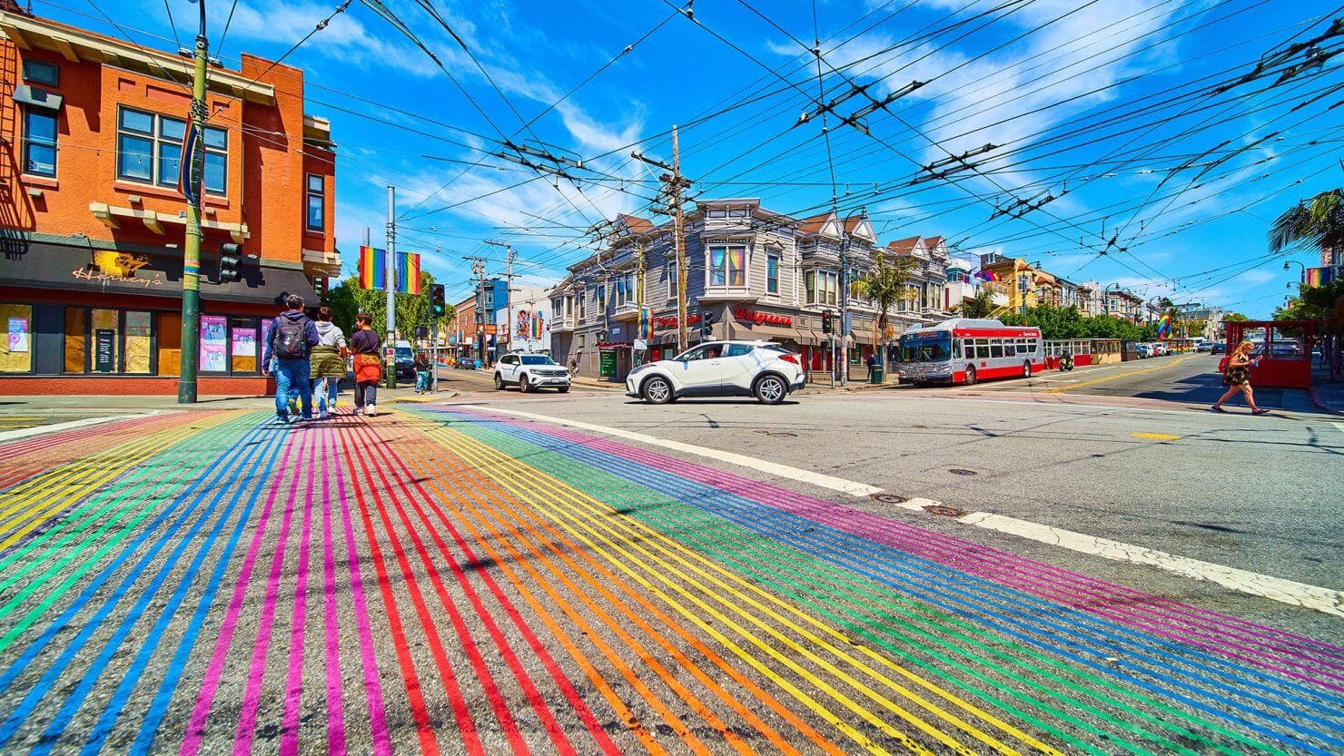 Castro district zebra crossing painted as rainbow